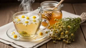 Xícara de chá de camomila com flores e um livro sobre uma mesa de madeira, representando relaxamento e um remédio natural para ansiedade e noites de sono profundas.