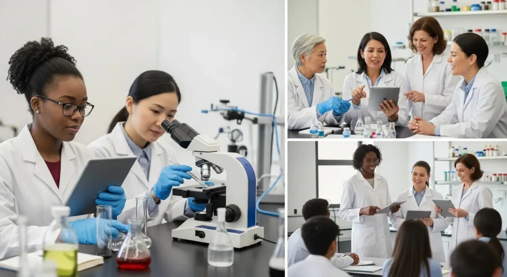 varias mulheres em um laboratório de biomedicina