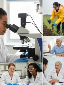 Uma colagem de cientistas mulheres de diversas etnias e idades em ambientes de pesquisa