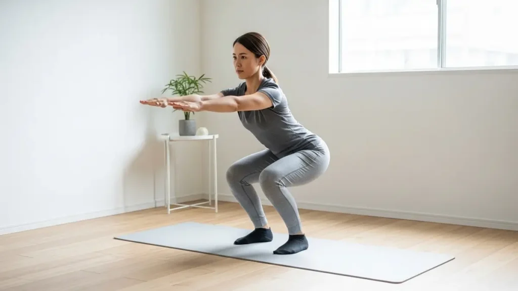 Mulher fazendo agachamento em sala de estar com tapete de yoga, demonstrando rotina de exercícios em casa sem equipamentos