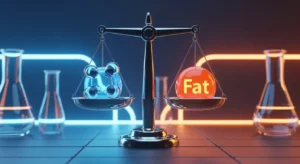 Uma balança estilizada e brilhante, com uma molécula de açúcar de um lado e uma molécula de gordura do outro