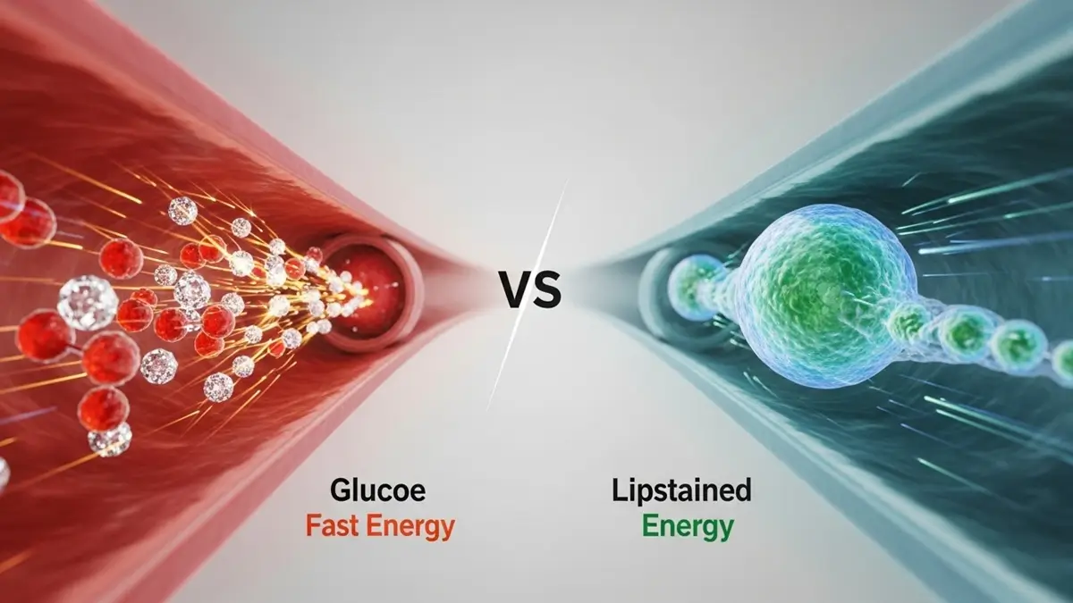 Ilustração comparativa mostrando a liberação de energia rápida do açúcar (em vermelho) versus a liberação de energia lenta e constante da gordura (em azul) no corpo humano.