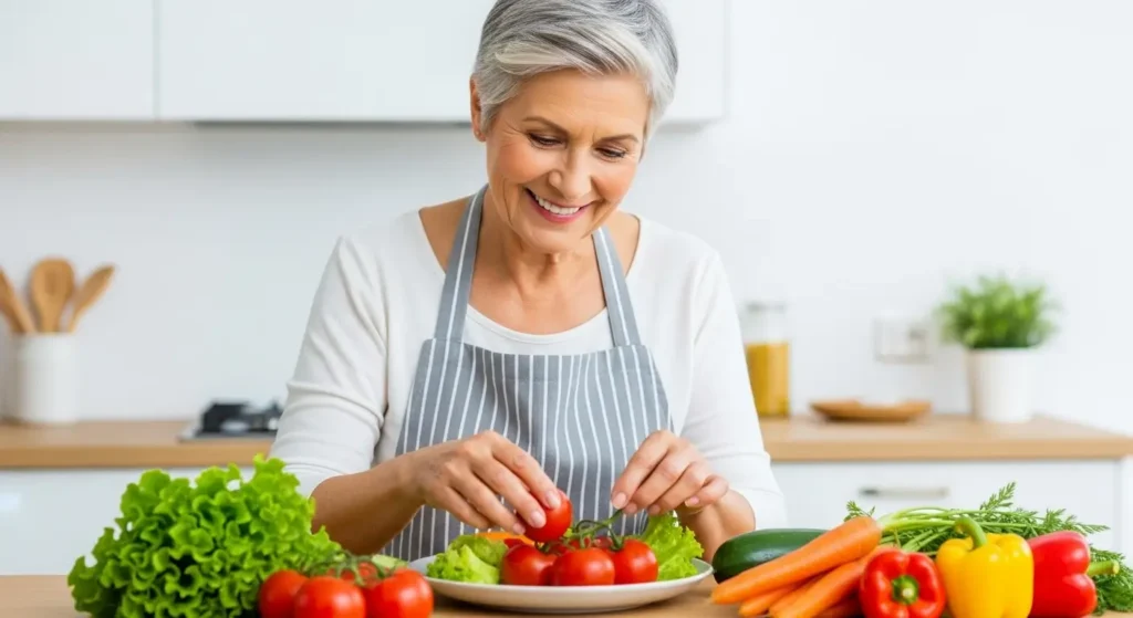 Uma senhora sorrindo na cozinha enquanto prepara uma salada colorida com vegetais frescos, focando na alimentação para uma melhor qualidade de vida aos 60.