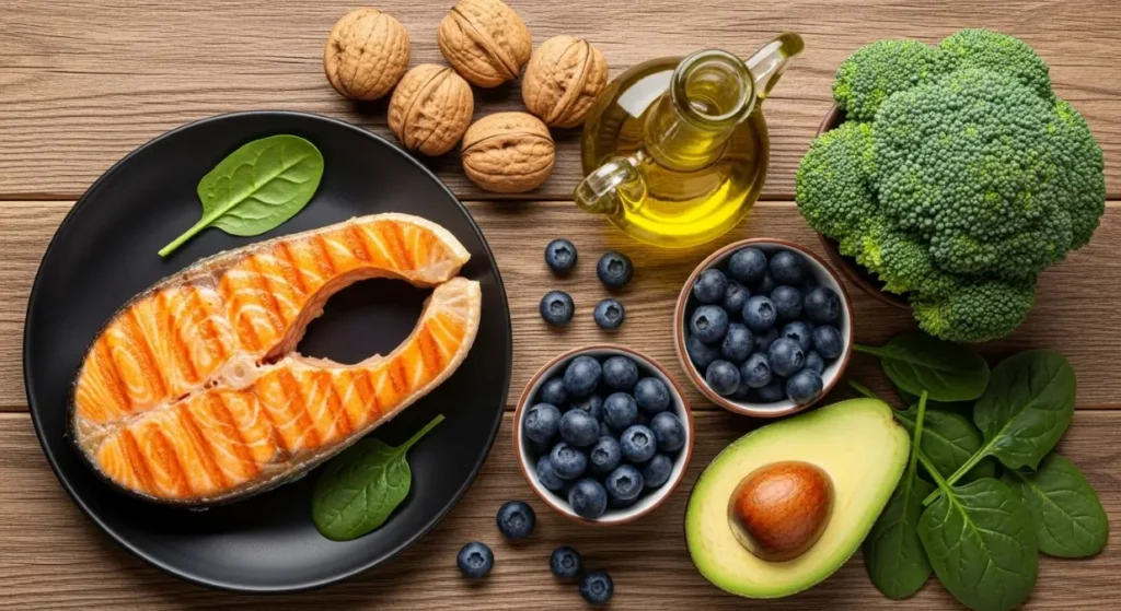 Mesa com alimentos ricos em ômega-3 e antioxidantes, como salmão, nozes, mirtilos, azeite de oliva e vegetais verdes, ideais para a saúde cerebral de idosos