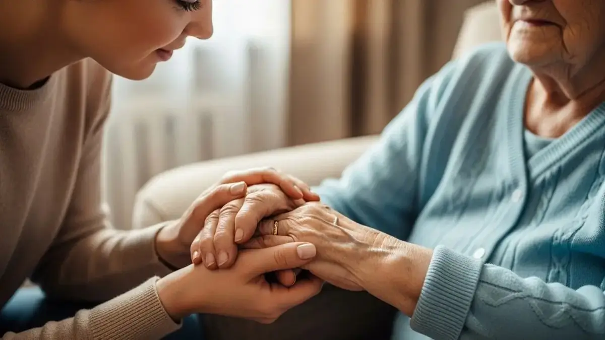 Mão de uma pessoa jovem segurando suavemente a mão de uma pessoa idosa, simbolizando apoio e cuidado.
