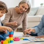 Atividades para Crianças com Autismo - Criança com autismo brincando com blocos coloridos no chão, acompanhada por um adulto, em um ambiente doméstico acolhedor