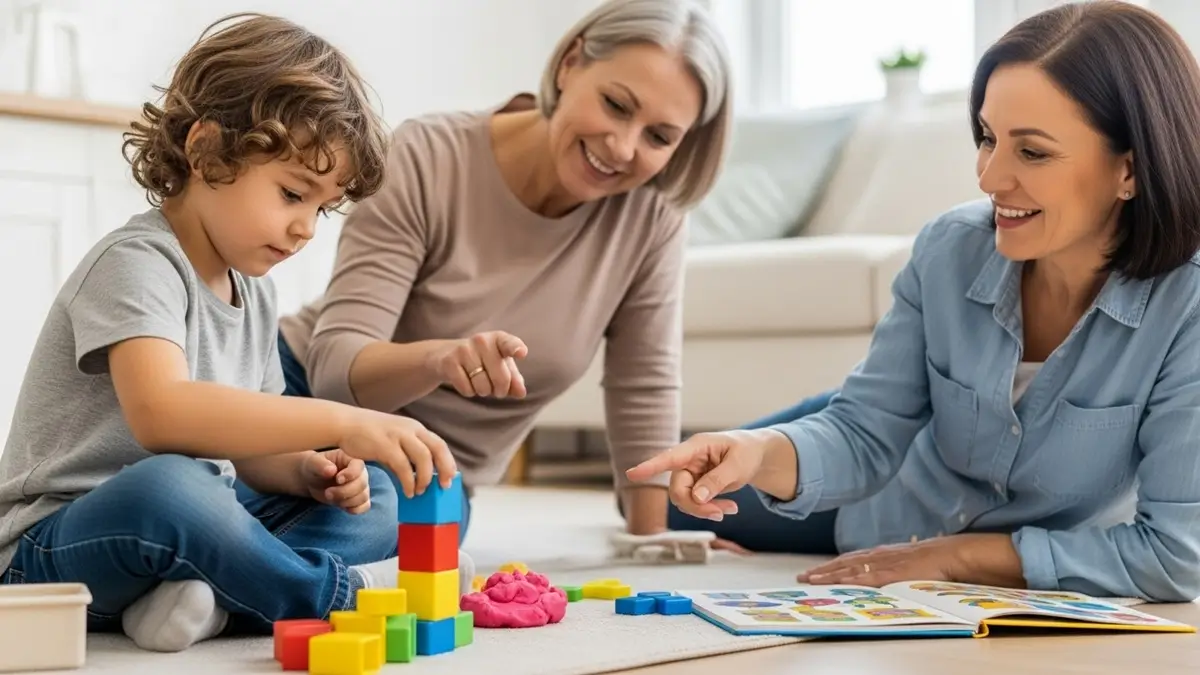 Criança com autismo brincando com blocos coloridos no chão, acompanhada por um adulto, em um ambiente doméstico acolhedor