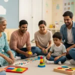 Autismo a Familia pais, avós e educadores interagindo com crianças no espectro autista em um ambiente acolhedor, simbolizando apoio e compreensão.