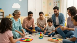 Autismo a Familia pais, avós e educadores interagindo com crianças no espectro autista em um ambiente acolhedor, simbolizando apoio e compreensão.