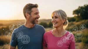 Casal saudável na faixa dos 50 anos aproveitando a natureza, simbolizando equilíbrio hormonal e bem-estar na maturidade.