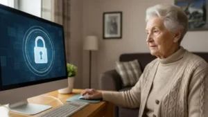 Idosa utilizando um computador com um cadeado digital na tela, representando segurança online