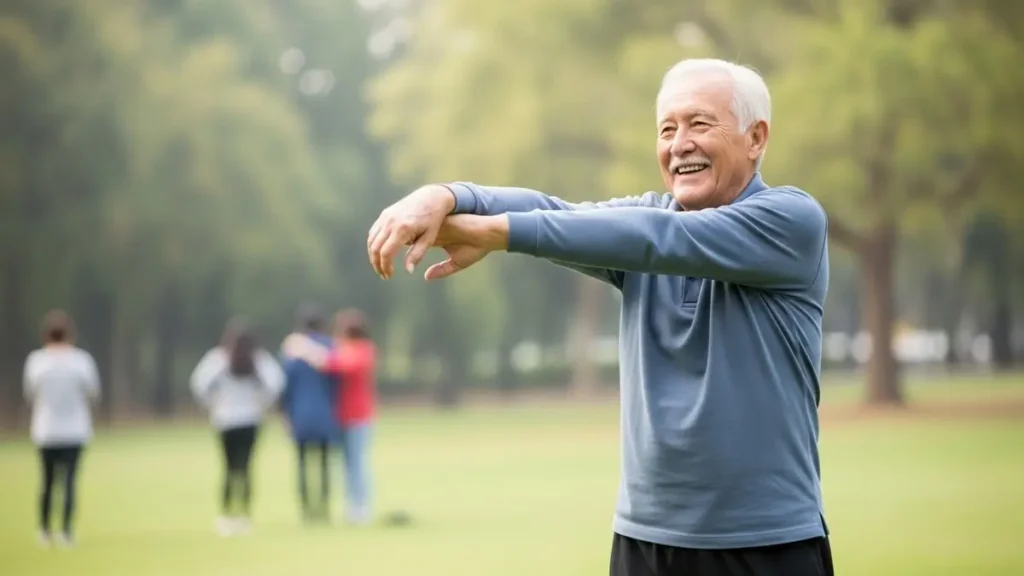 Homem idoso fazendo alongamento ao ar livre em um parque, com roupas esportivas, demonstrando hábitos saudáveis após os 60 anos