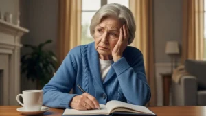 Mulher idosa pensativa com a mão na têmpora, refletindo sobre perda de memória após os 60 anos
