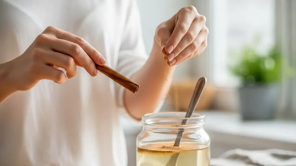 Mãos segurando pau de canela e canela em pó sendo adicionada à água quente