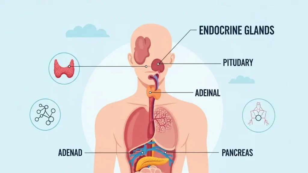 Infográfico do sistema endócrino humano destacando as glândulas e hormônios que afetam o envelhecimento saudável.
