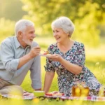 Um casal sorridente de 60 e poucos anos caminhando de mãos dadas em um parque ensolarado, simbolizando a qualidade de vida na terceira idade.