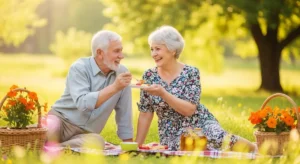 Um casal sorridente de 60 e poucos anos caminhando de mãos dadas em um parque ensolarado, simbolizando a qualidade de vida na terceira idade.