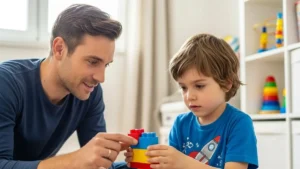 Pessoa adulta observando atentamente uma criança brincando no chão com um brinquedo.