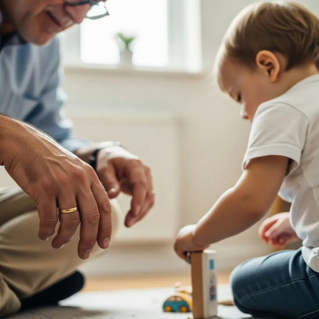 Pessoa adulta observando atentamente uma criança brincando no chão com um brinquedo.