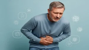 Sintomas de Virose Gastroenterite - Pessoa com dor abdominal causada por virose gastroenterite.