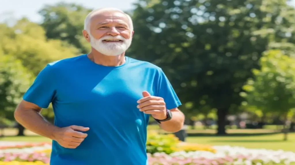 Celebre cada passo: a vida após os 60 é repleta de vitalidade e conexão - Um homem idoso com barba branca e sorriso no rosto correndo em um parque com flores coloridas ao fundo.