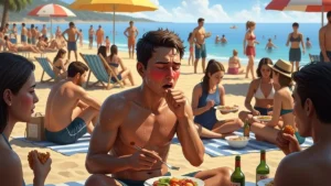 Pessoa passando mal na praia por virose de verão com aglomeração ao fundo.