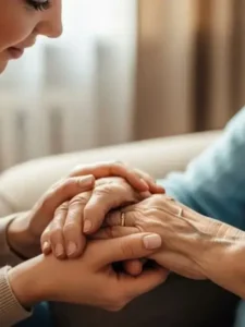 Mão de uma pessoa jovem segurando suavemente a mão de uma pessoa idosa, simbolizando apoio e cuidado.