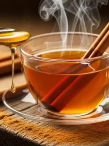 Xícara de chá de canela com pau de canela e mel em fundo de madeira, indicado para regular o açúcar no sangue naturalmente
