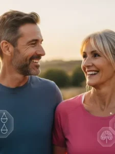 Casal saudável na faixa dos 50 anos aproveitando a natureza, simbolizando equilíbrio hormonal e bem-estar na maturidade.