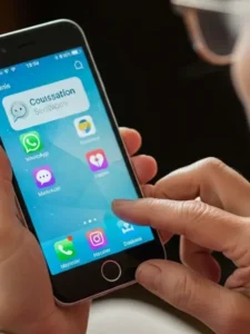 Tecnologia 60+ Idoso segurando um smartphone com ícones de aplicativos de comunicação e saúde.