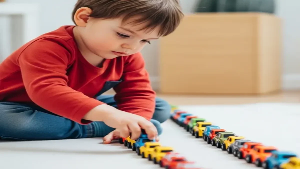 Criança pequena sentada no chão, alinhando brinquedos em uma fileira, demonstrando foco em padrões repetitivos.