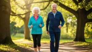 Benefícios da Atividade Física na Terceira Idade - Idosos caminhando felizes em parque verde.