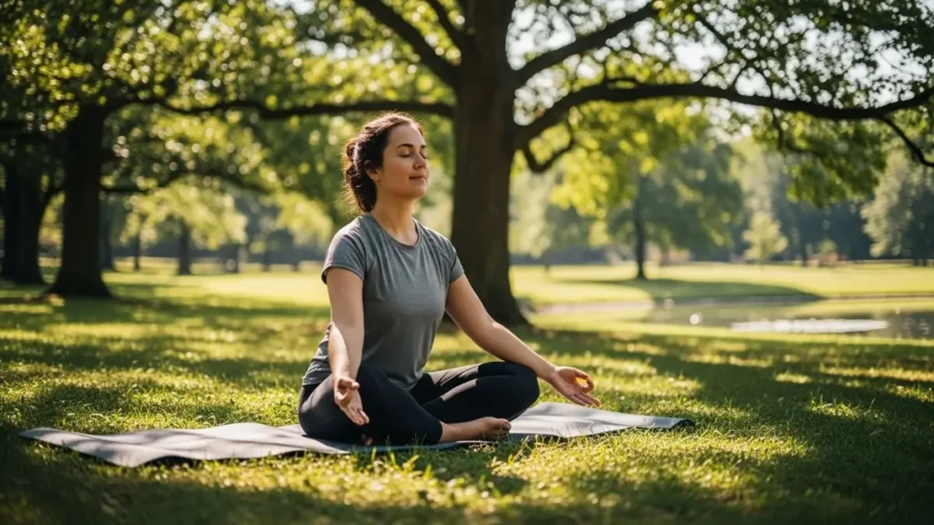 Mulher praticando yoga em um ambiente calmo, representando a luta contra a exaustão digital.