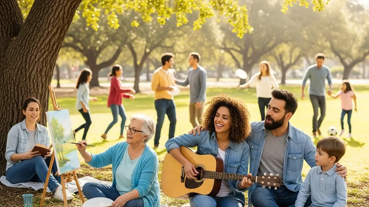Conexao que Cura Fortaleca Laços Sociais com Hobbies - Grupo de pessoas praticando hobbies juntos, sorrindo e interagindo socialmente.