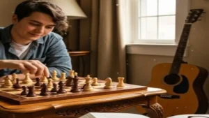 Hobbies para o Cérebro - Mulher de 30 anos sorri enquanto joga xadrez, com um livro e um violão ao fundo, representando hobbies para o cérebro.