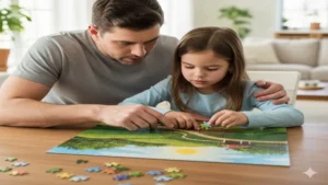 Um pai e uma criança resolvem um quebra-cabeça juntos, simbolizando o apoio familiar no tratamento do TDAH infantil.