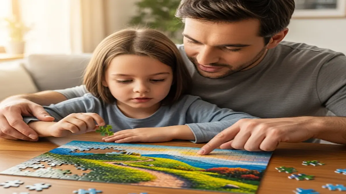 Um pai e uma criança resolvem um quebra-cabeça juntos, simbolizando o apoio familiar no tratamento do TDAH infantil.