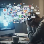 Ilustração de uma pessoa sobrecarregada, representando a exaustão digital.