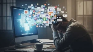 Ilustração de uma pessoa sobrecarregada, representando a exaustão digital.