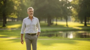 Homem 60+ caminhando em parque, simbolizando saúde e bem-estar após diagnóstico de HPB.