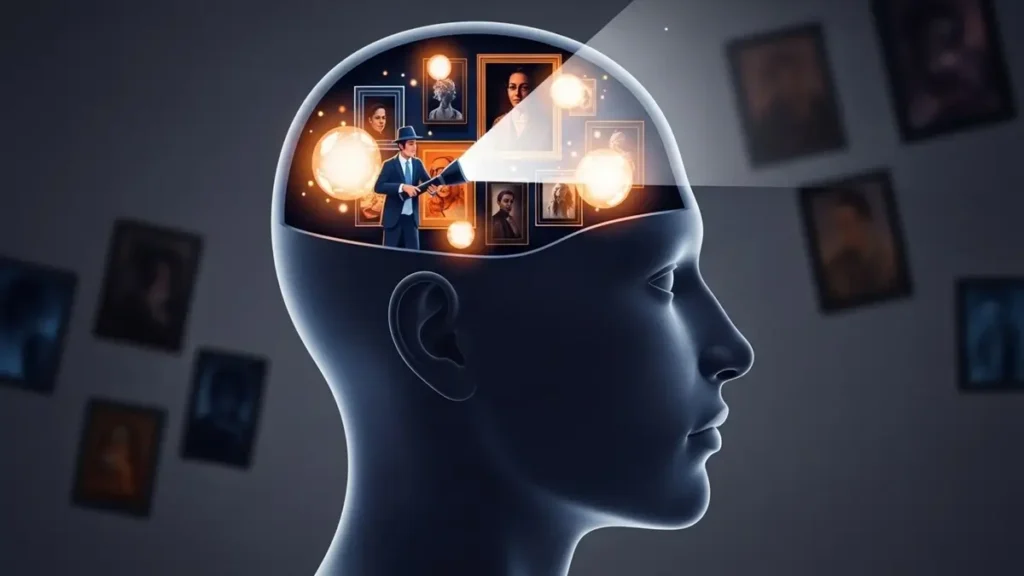 Ilustração de uma cabeça humana de perfil, mostrando um cérebro que funciona como um museu, onde um curador destaca memórias importantes com uma luz, ilustrando o conceito de memória seletiva.