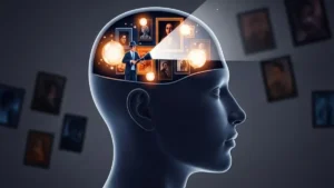 Ilustração de uma cabeça humana de perfil, mostrando um cérebro que funciona como um museu, onde um curador destaca memórias importantes com uma luz, ilustrando o conceito de memória seletiva.