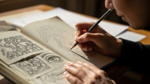 Hobbies para o Cérebro - Jovem desenhando em um caderno com lápis de cor, ilustrando o benefício dos hobbies para a mente.