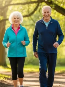 Benefícios da Atividade Física na Terceira Idade - Idosos caminhando felizes em parque verde.