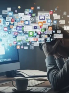 Ilustração de uma pessoa sobrecarregada, representando a exaustão digital.