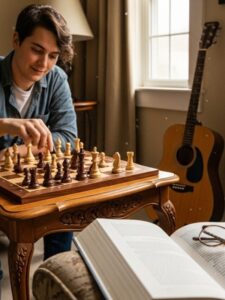 Hobbies para o Cérebro - Mulher de 30 anos sorri enquanto joga xadrez, com um livro e um violão ao fundo, representando hobbies para o cérebro.