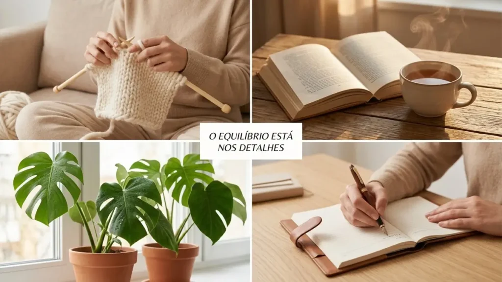 colagem de hobbies terapêuticos para ansiedade: tricô, leitura, jardinagem, journaling