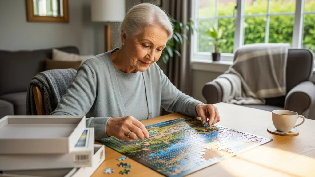 Hobbies para o Cérebro: Aumente a Criatividade e o Foco 1 Hobbies para o Cérebro - Idosa estimulando seu cérebro com quebra-cabeça — prova de que nunca é tarde para aprender.