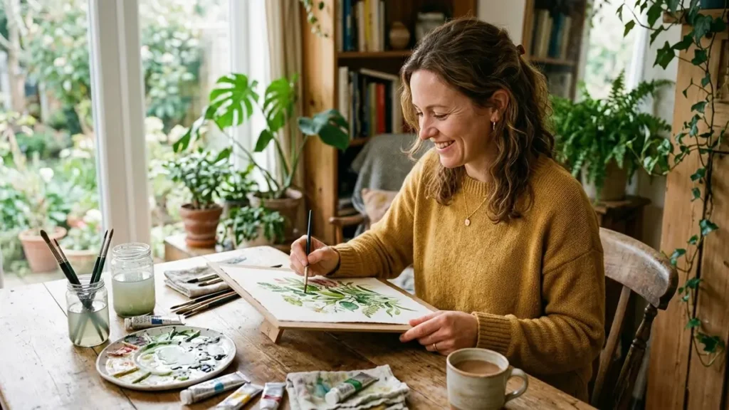 mulher praticando pintura como hobby terapêutico para reduzir estresse