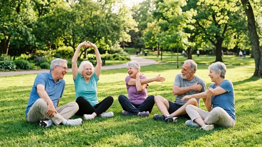 Grupo de idosos sorrindo e fazendo alongamentos leves em um parque ensolarado, simbolizando os benefícios sociais e emocionais da atividade física.